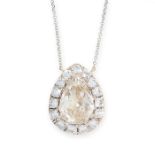 A DIAMOND PENDANT NECKLACE set with a pear shaped diamond of 2.61 carats, within a border of round