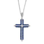 A SAPPHIRE AND DIAMOND CROSS PENDANT NECKLACE set with a central row of round cut diamonds between