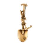 A VINTAGE GOLD RUSH BROOCH designed as a spade, pickaxe and nugget of gold, no assay marks, 4.8cm,