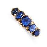 AN ANTIQUE SAPPHIRE FIVE STONE RING set with five graduated cushion cut sapphires, all totalling 1.