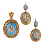 AN ANTIQUE ARCHAEOLOGICAL REVIVAL STYLE CORAL, BLUE ENAMEL AND DIAMOND LOCKET PENDANT AND EARRINGS