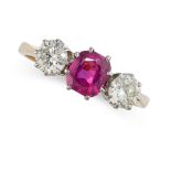 A RUBY AND DIAMOND THREE STONE RING in 18ct yellow gold, set with cushion cut ruby of 0.91 carats