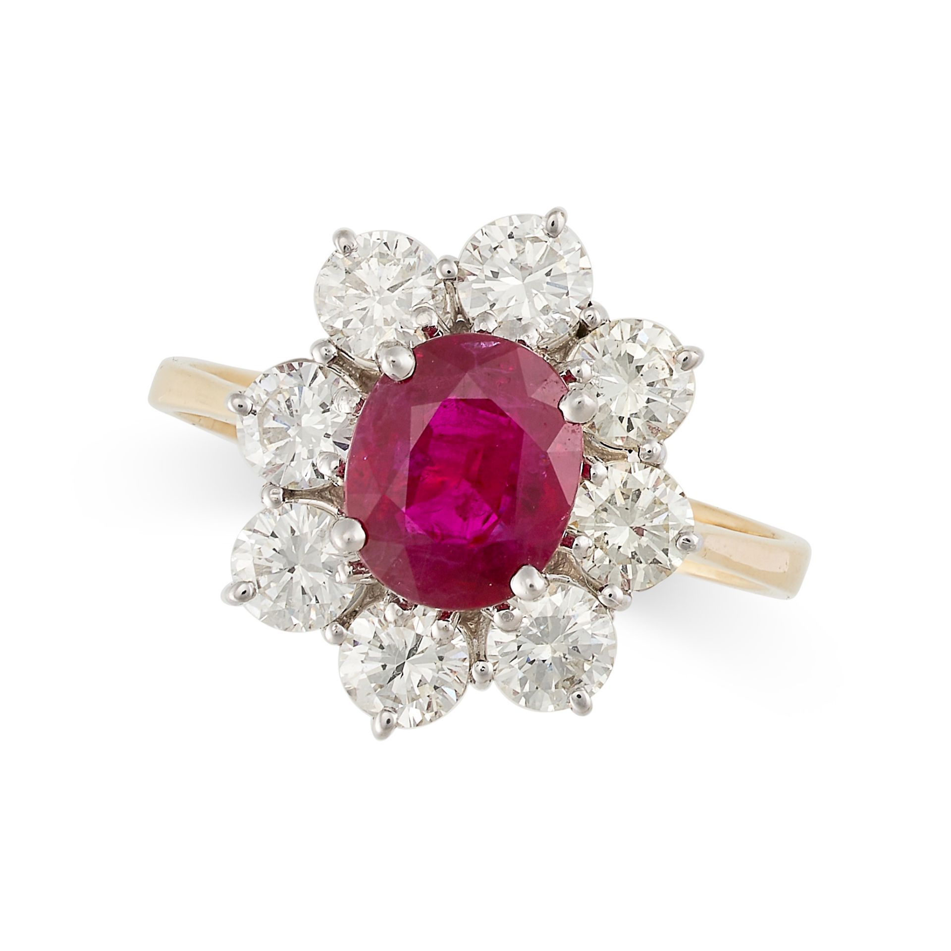 A VINTAGE RUBY AND DIAMOND CLUSTER RING in 18ct yellow gold, set with an oval cut ruby of 1.16