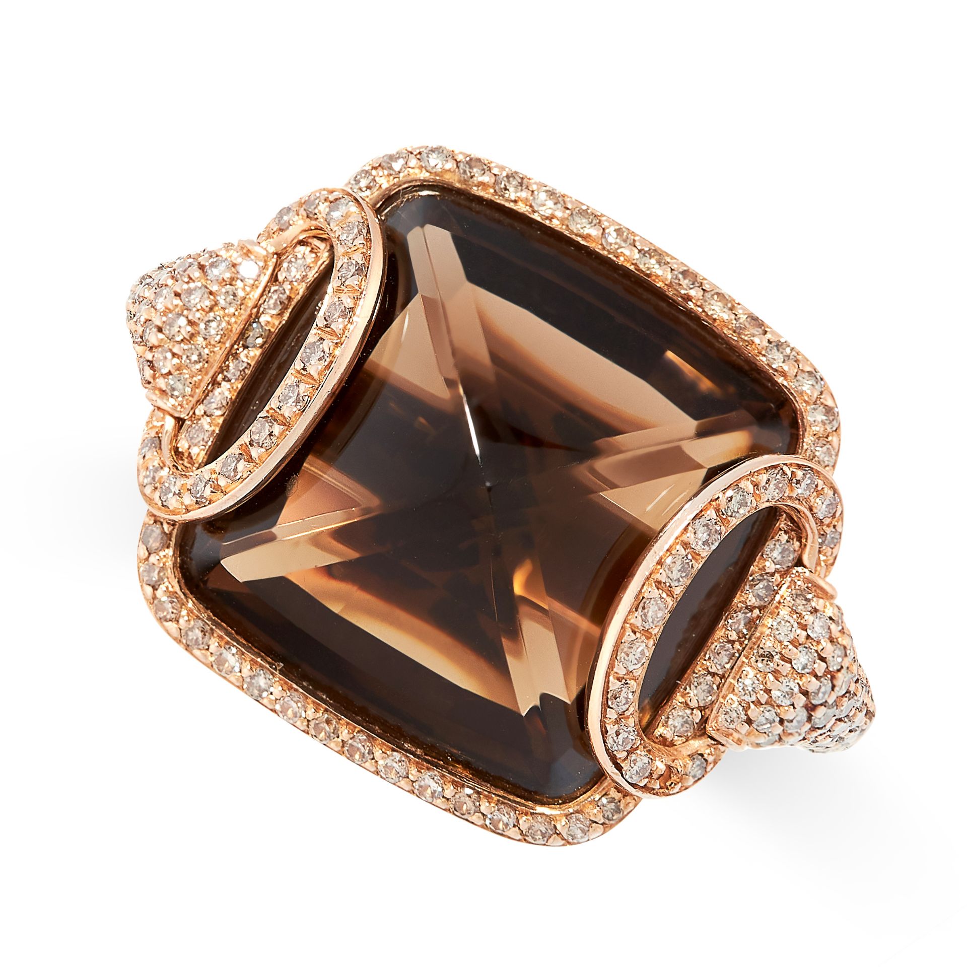 HERMES, A SMOKY QUARTZ AND DIAMOND DEUX ANNEAUX RING in 18ct yellow gold, set with a cushion