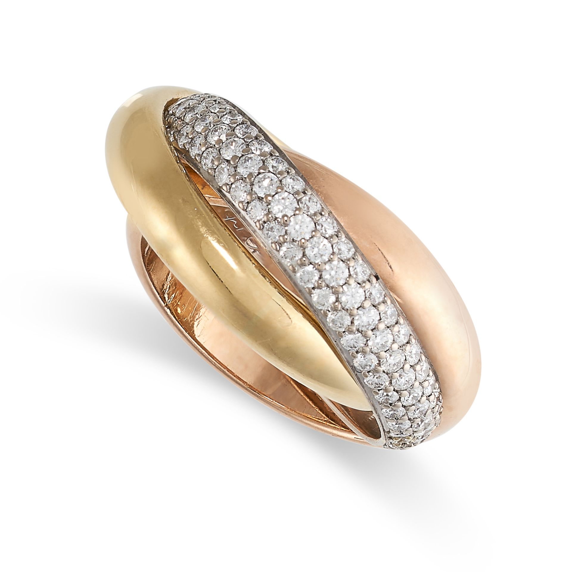 CARTIER, A TRINITY DE CARTIER DIAMOND RING in 18ct white, rose and yellow gold, the white gold