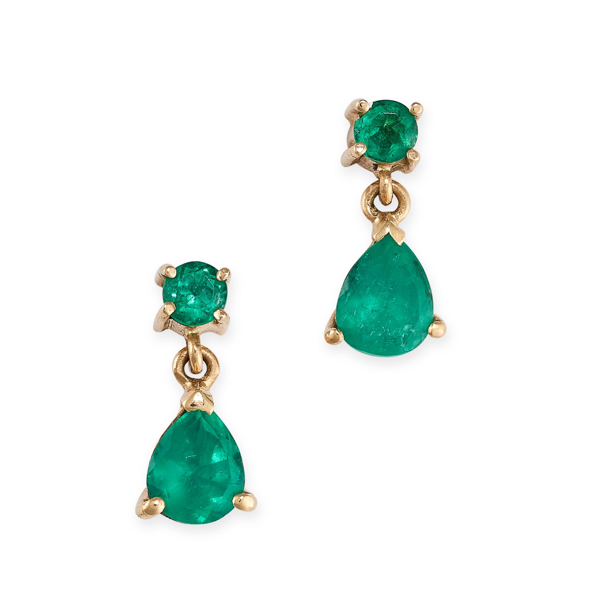 A PAIR OF EMERALD DROP EARRINGS each set with round and pear cut emeralds, 1.3cm, 2.7g.