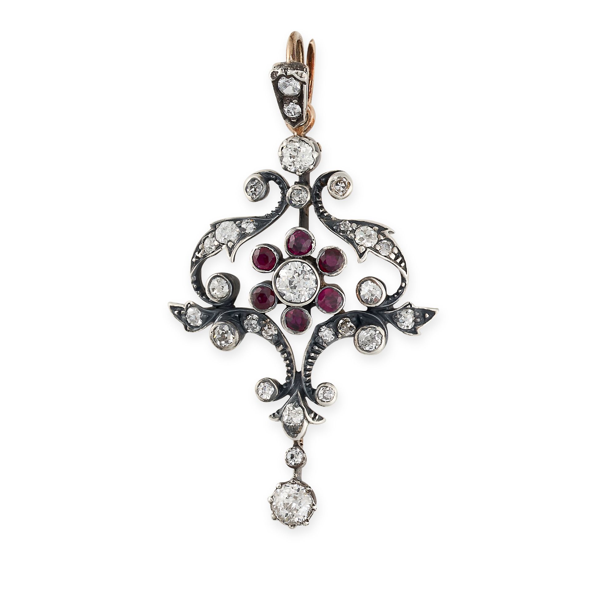 AN ANTIQUE DIAMOND AND RUBY PENDANT set with old cut diamonds and round cut rubies, no assay