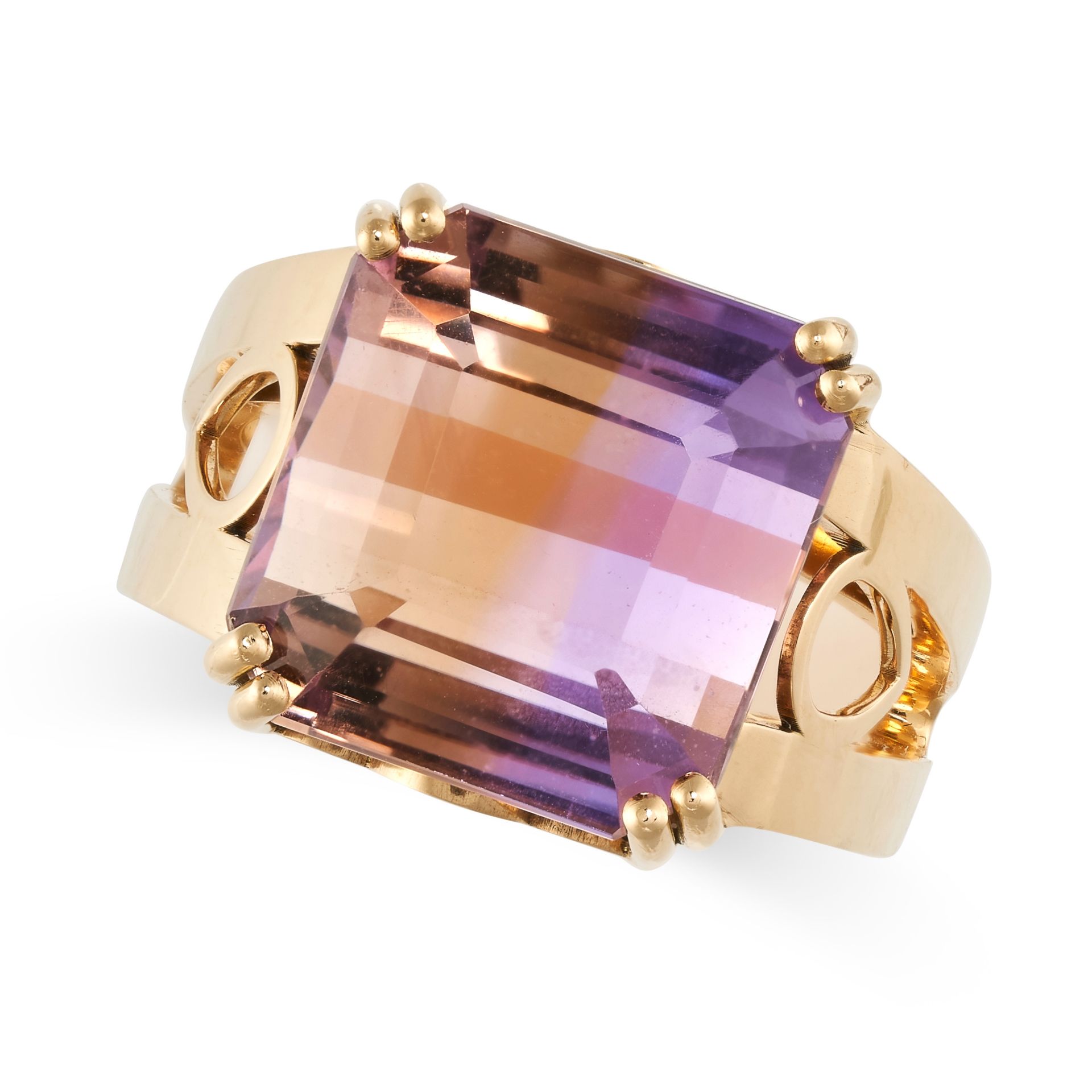 AN AMETRINE DRESS RING in 18ct yellow gold, set with a step cut ametrine, French assay mark for 18ct