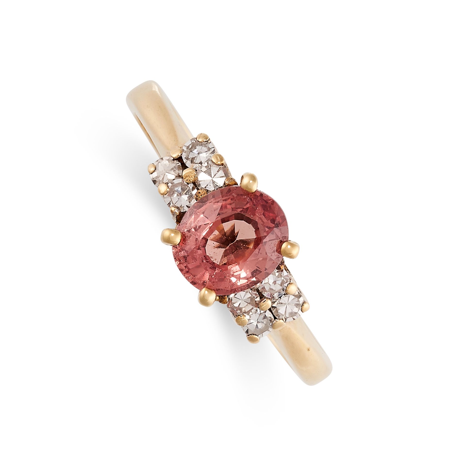 AN UNHEATED PADPARADSCHA SAPPHIRE AND DIAMOND RING in 18ct yellow gold, set with an oval cut