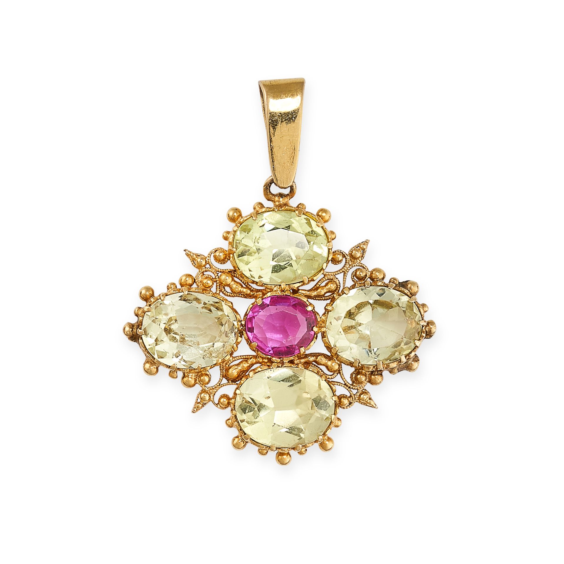 A CHRYSOBERYL AND PINK SAPPHIRE CANNETILLE PENDANT in yellow gold, set with an oval cut pink