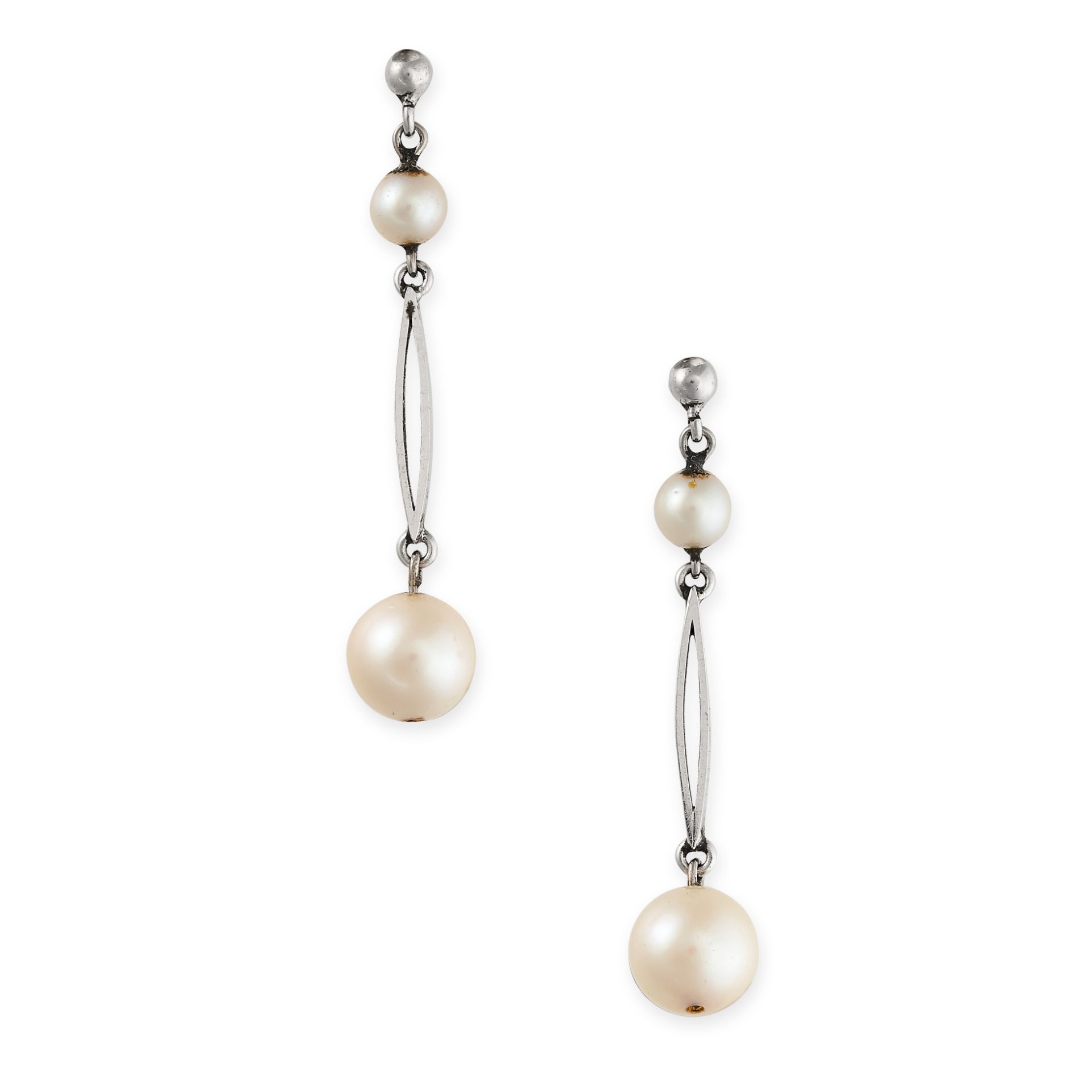 A PAIR OF PEARL DROP EARRINGS in 9ct gold, each set with two graduated pearls, stamped 9C, 3.2cm,