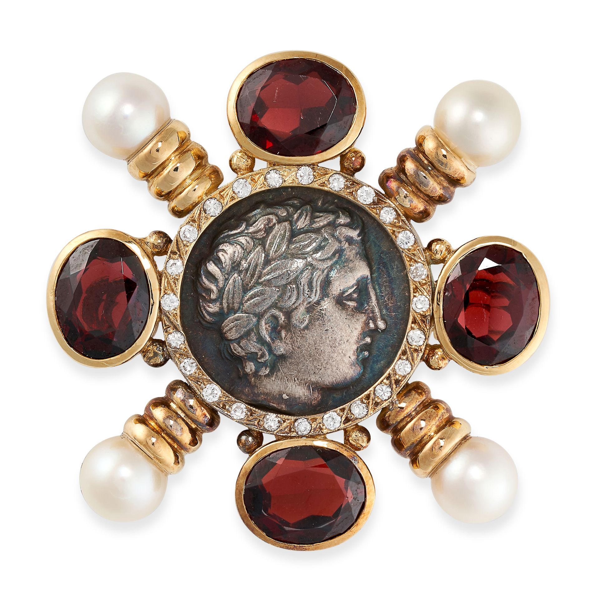 A DIAMOND, GARNET, PEARL AND ANCIENT GREEK COIN BROOCH in high carat yellow gold, comprising an
