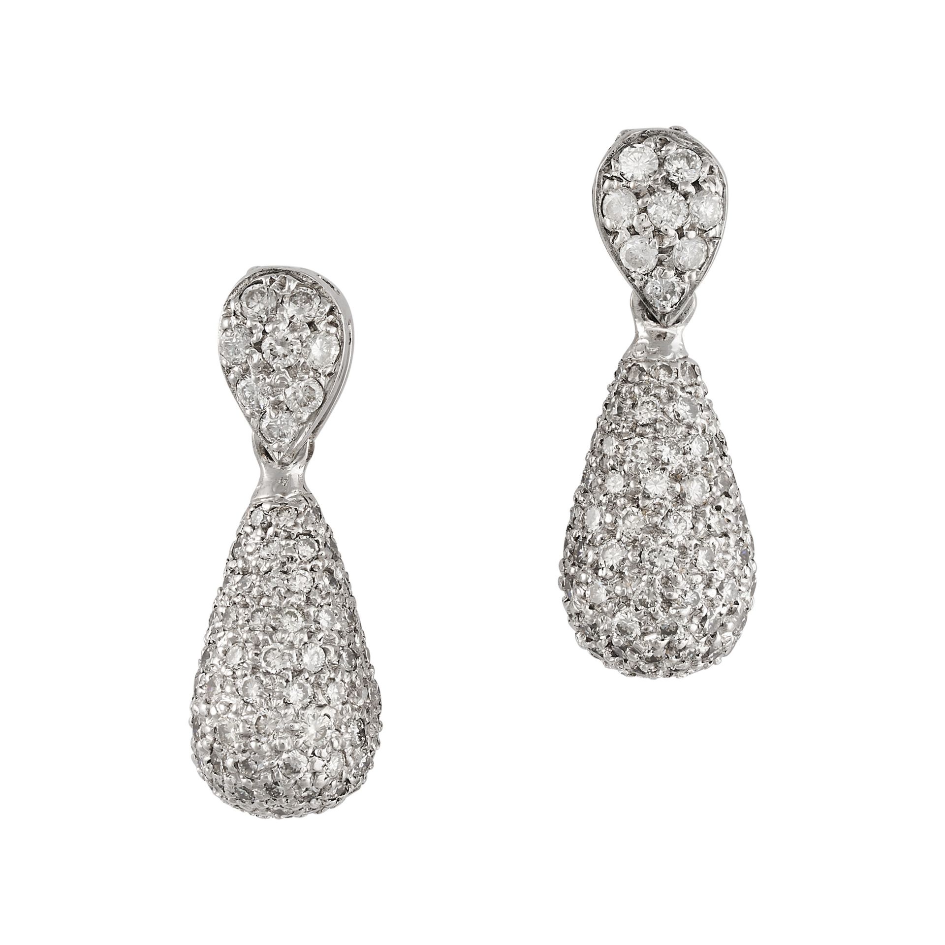 A PAIR OF DIAMOND DROP EARRINGS the articulated bodies comprising a drop below a pear shaped