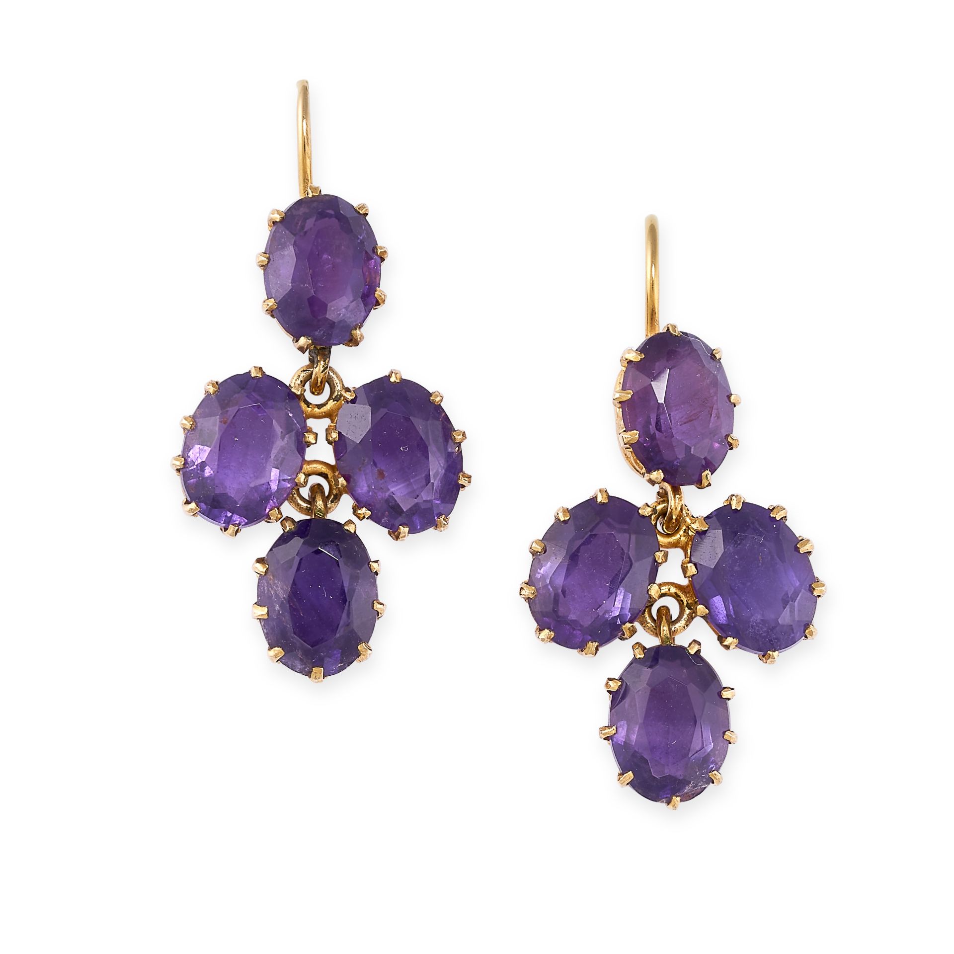 A PAIR OF AMETHYST EARRINGS in yellow gold, of quatrefoil design, set with oval cut amethysts, no