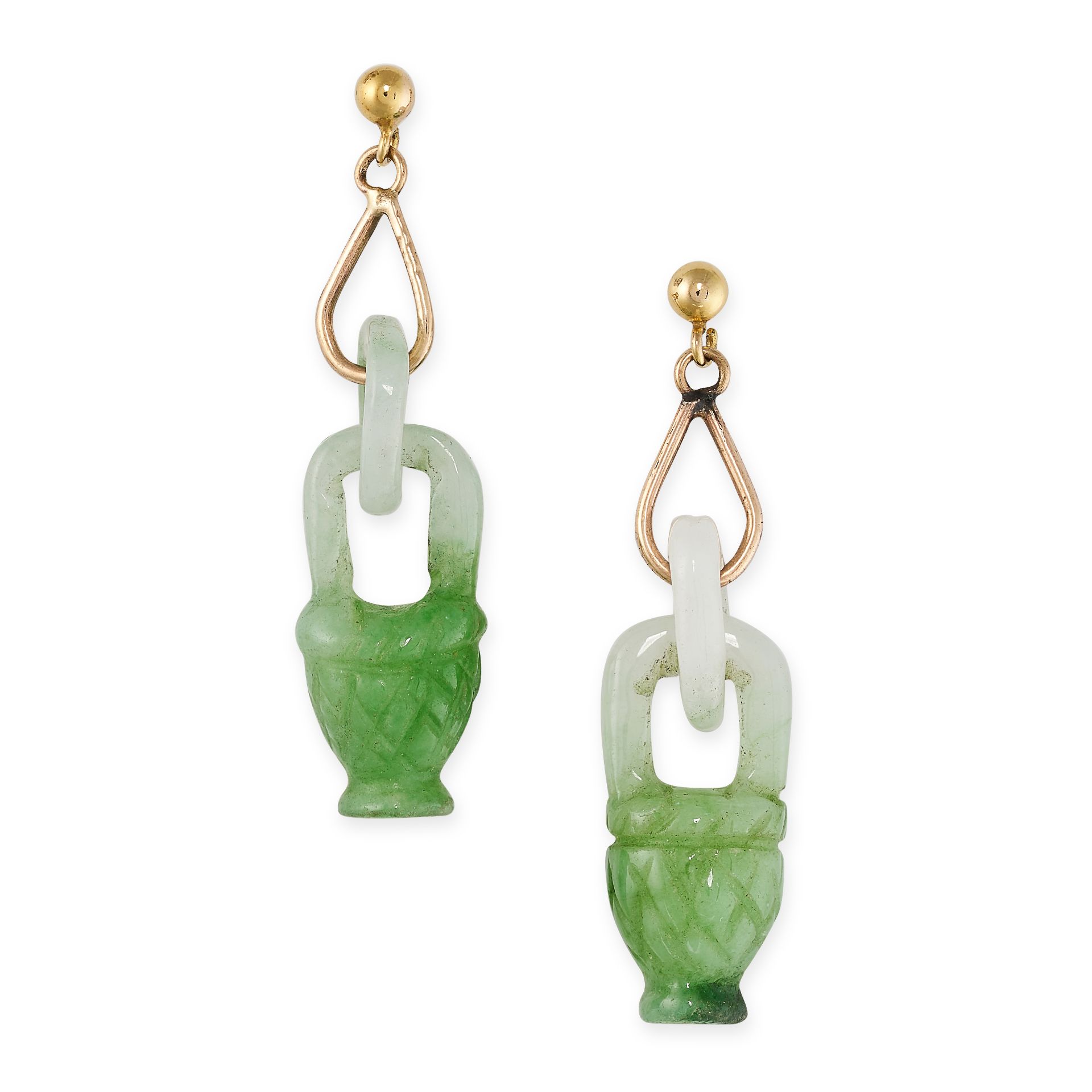 A PAIR OF CARVED JADEITE JADE EARRINGS in yellow gold, comprising a polished square link of jadeite,