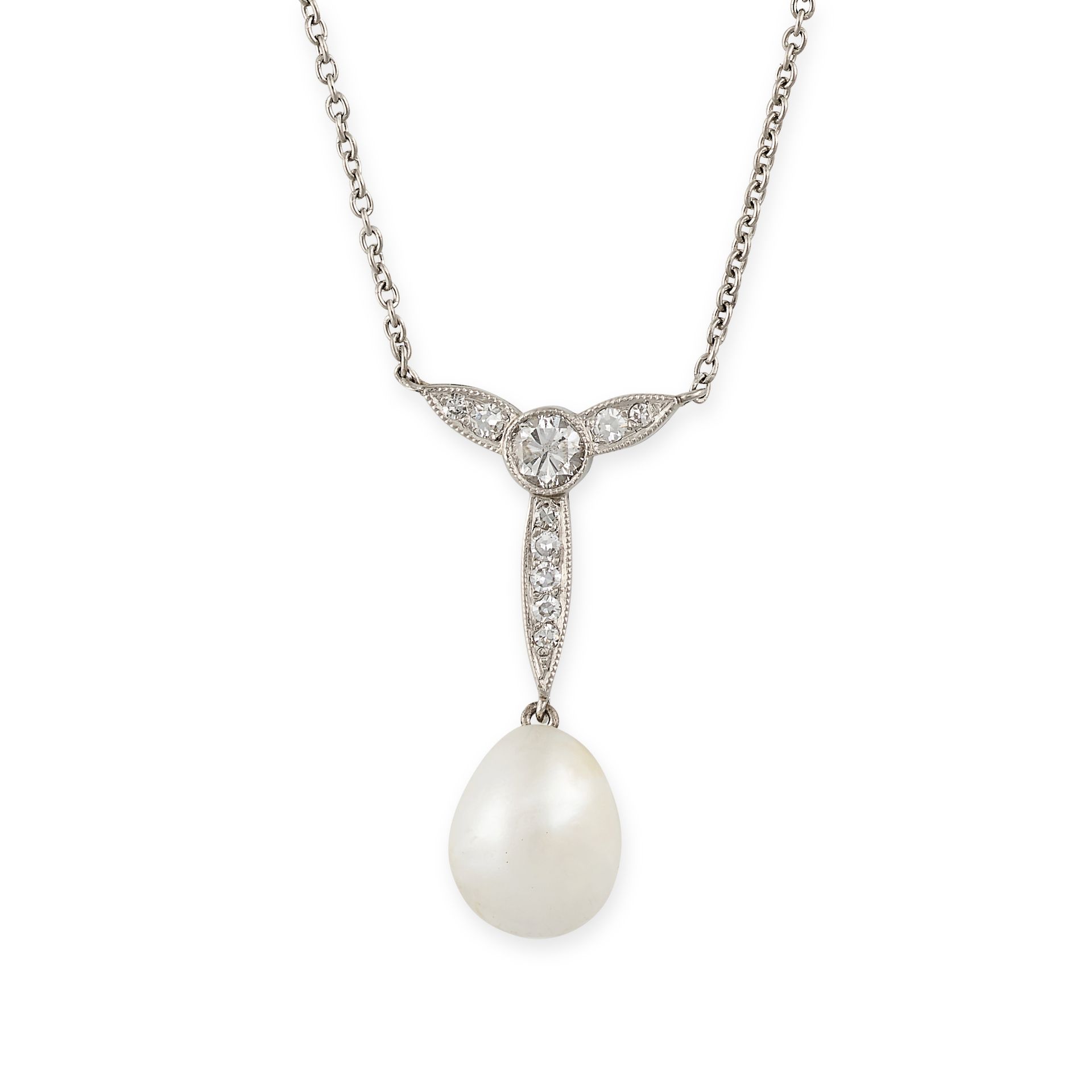 A PEARL AND DIAMOND NECKLACE set with brilliant cut diamonds and a pearl drop of 9.5mm, stamped
