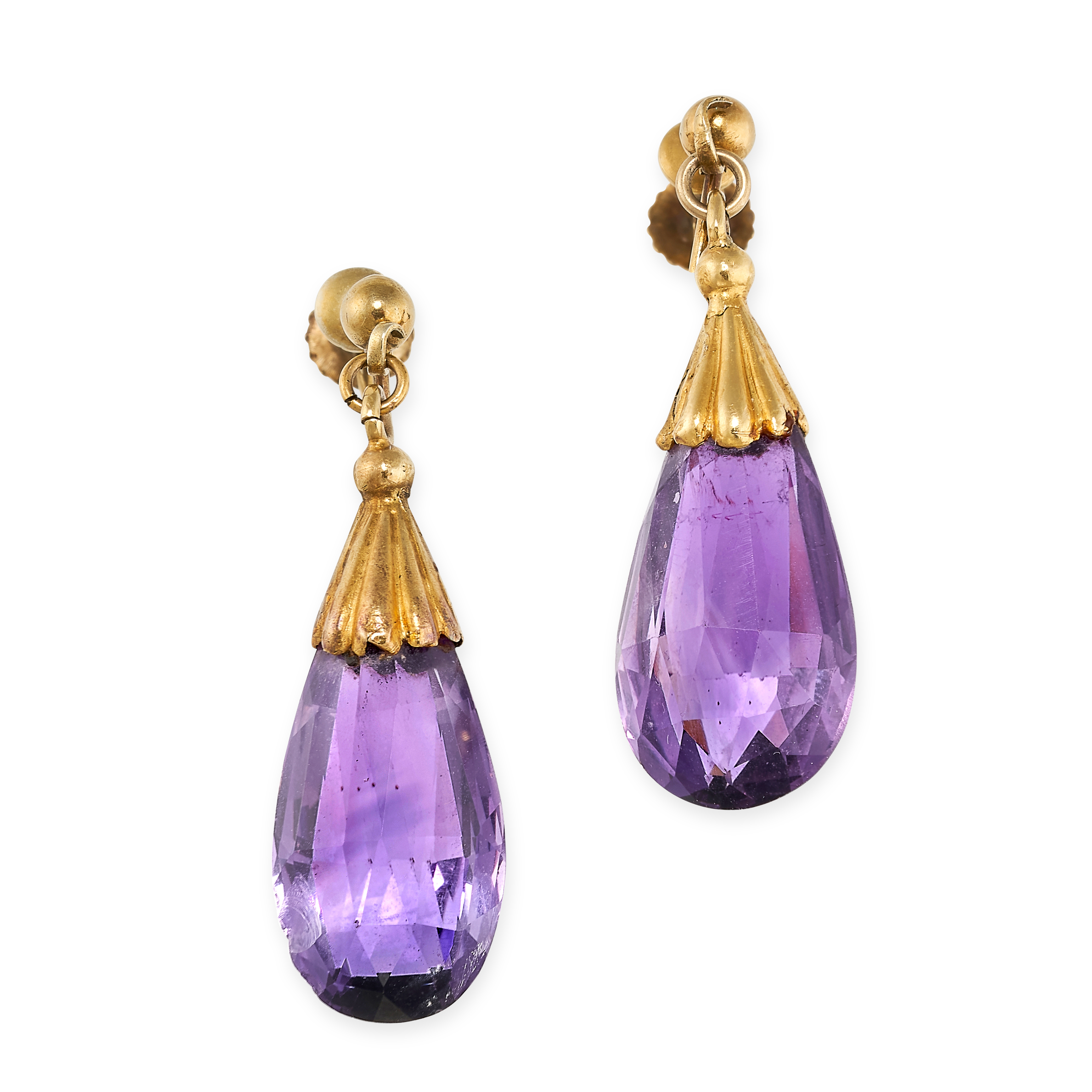 A PAIR OF VINTAGE AMETHYST EARRINGS in 9ct yellow gold, each set with a briolette amethyst drop,