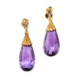 A PAIR OF VINTAGE AMETHYST EARRINGS in 9ct yellow gold, each set with a briolette amethyst drop,