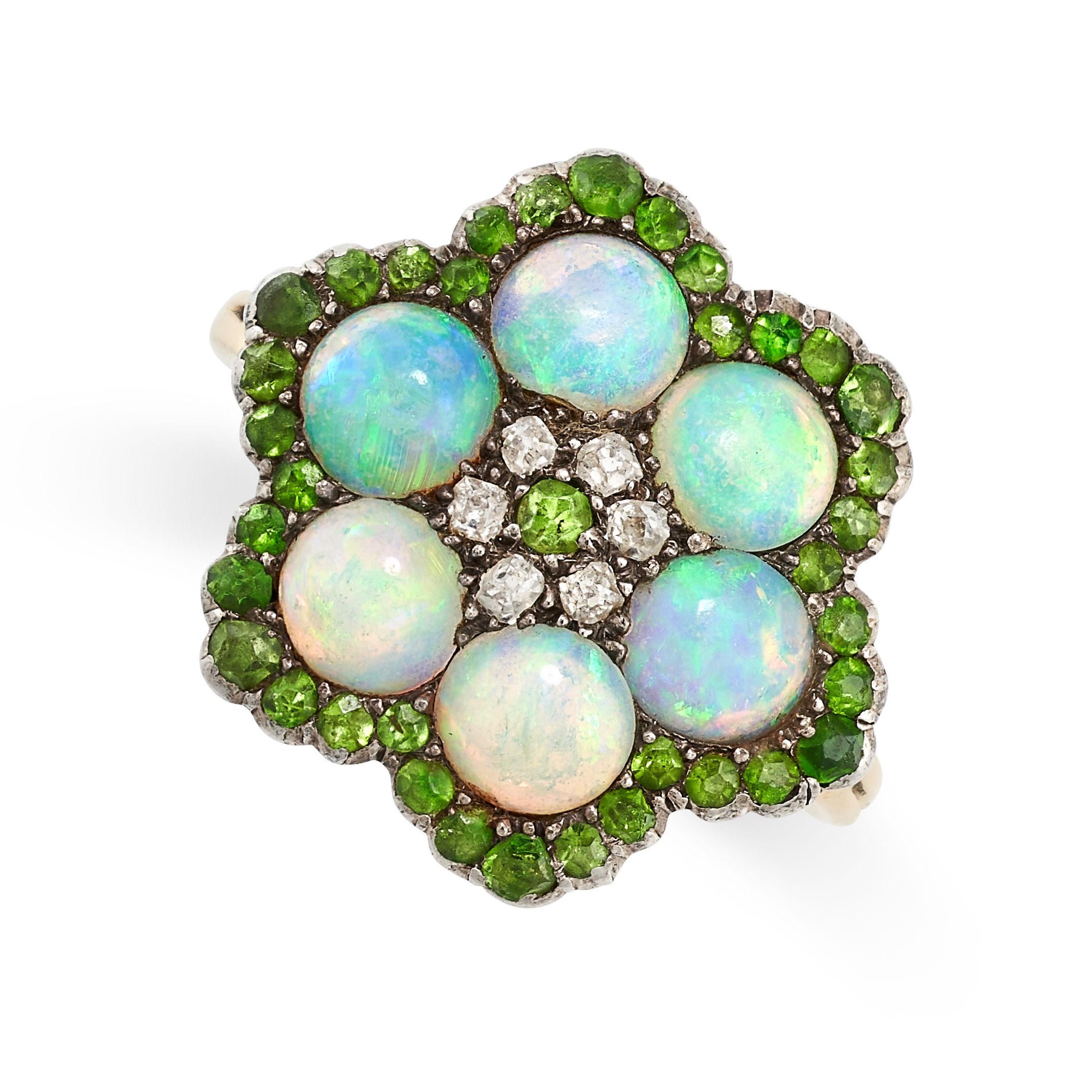 AN ANTIQUE OPAL, DEMANTOID GARNET AND DIAMOND CLUSTER RING in yellow gold and silver, the floral