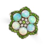 AN ANTIQUE OPAL, DEMANTOID GARNET AND DIAMOND CLUSTER RING in yellow gold and silver, the floral