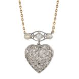 A DIAMOND AND PEARL HEART PENDANT NECKLACE the heart face pave set with round brilliant cut