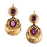 NO RESERVE - A PAIR OF ANTIQUE GARNET DROP EARRINGS in yellow gold, set with oval cut garnets and