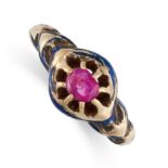 AN ANTIQUE RUBY AND ENAMEL RING in yellow gold, set with a cushion cut ruby within a border of