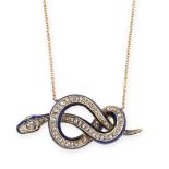 AN ANTIQUE DIAMOND AND ENAMEL SNAKE PENDANT NECKLACE in yellow gold, designed as a snake coiled