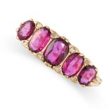 NO RESERVE - A RUBY AND DIAMOND FIVE STONE RING in 18ct yellow gold, set with a graduated row of