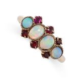AN OPAL AND RUBY RING set with four cabochon opals accented by round cut rubies, stamped 10K, size N