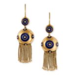NO RESERVE - A PAIR OF ENAMEL TASSEL EARRINGS in high carat yellow gold, the bodies formed of