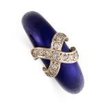 A DIAMOND AND ENAMEL RING set with blue enamel and single cut diamonds firming a cross motif,