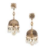 NO RESERVE - A PAIR OF SMOKEY QUARTZ AND PEARL EARRINGS of drop design, set with carved smokey