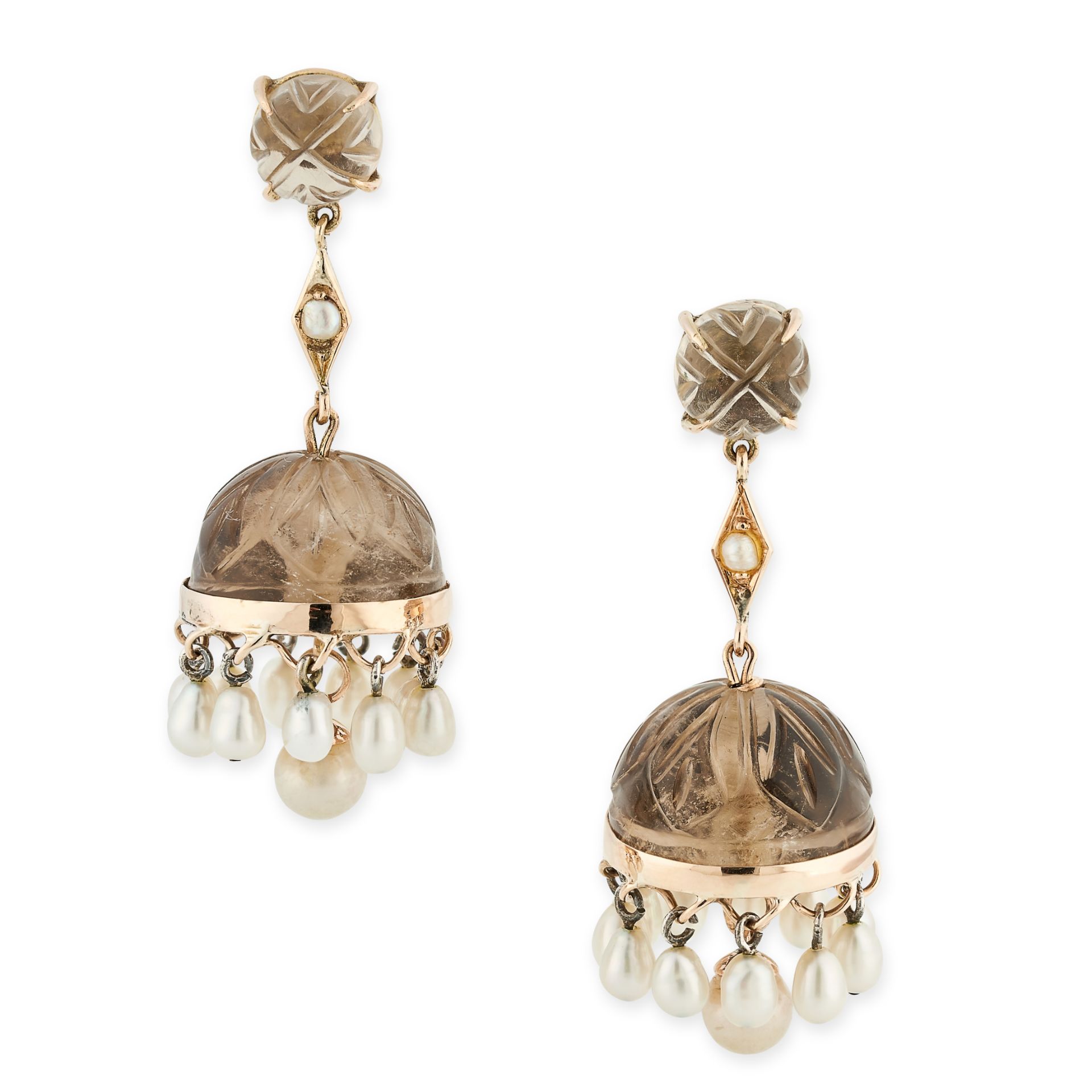 NO RESERVE - A PAIR OF SMOKEY QUARTZ AND PEARL EARRINGS of drop design, set with carved smokey