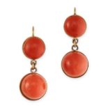 NO RESERVE - A PAIR OF ANTIQUE CORAL DROP EARRINGS in 18ct yellow gold, each set with two coral