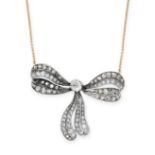 AN ANTIQUE DIAMOND BOW PENDANT NECKLACE designed as a ribbon tied in a bow, set with old and rose