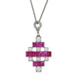 A SYNTHETIC RUBY AND DIAMOND PENDANT NECKLACE in Art Deco style, the geometric face set with step