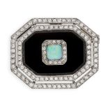 AN OPAL, ONYX AND DIAMOND BROOCH comprising a piece of polished onyx set with a square cabochon opal