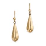 A PAIR OF GOLD DROP EARRINGS in 9ct yellow gold, comprising a fluted drop, British hallmarks for 9ct