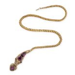AN ANTIQUE VICTORIAN GARNET SNAKE NECKLACE in yellow gold, designed as the body of a snake, the head