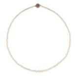 A NATURAL PEARL AND RUBY NECKLACE comprising a single row of natural saltwater pearls ranging from