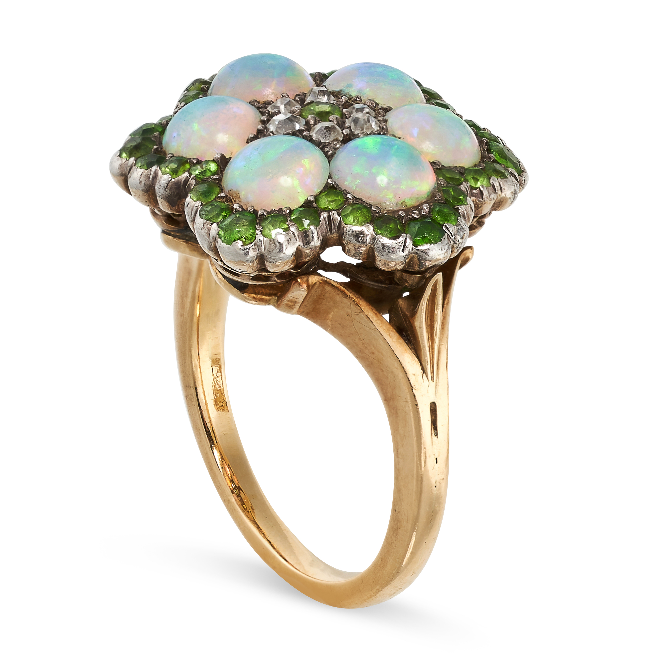 AN ANTIQUE OPAL, DEMANTOID GARNET AND DIAMOND CLUSTER RING in yellow gold and silver, the floral - Image 2 of 2