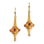 NO RESERVE - A PAIR OF ANTIQUE ARCHAEOLOGICAL REVIVAL RUBY EARRINGS in yellow gold, set with round