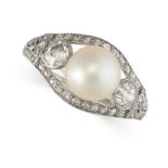 AN ANTIQUE NATURAL PEARL AND DIAMOND RING in platinum, set with a pearl of 7.1mm in a border of