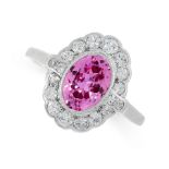 A FINE UNHEATED PINK SAPPHIRE AND DIAMOND CLUSTER RING set with an oval cut pink sapphire of 2.09