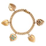 A RUBY, PEARL, DIAMOND AND TURQUOISE HEART LOCKET CHARM BRACELET in yellow gold, the bracelet formed