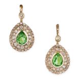 A PAIR OF ANTIQUE GREEN PASTE AND DIAMOND DROP EARRINGS, 19TH CENTURY in yellow gold, each set