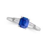 AN UNHEATED KASHMIR SAPPHIRE AND DIAMOND RING in platinum, set with an octagonal cut sapphire of 0.