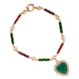 AN ANTIQUE CHRYSOPRASE, PEARL AND ENAMEL SWEETHEART BRACELET in 15ct yellow gold, formed of a series