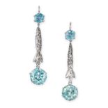 A PAIR OF BLUE ZIRCON AND DIAMOND DROP EARRINGS in 14ct white gold, each set with two graduated